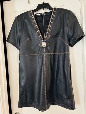 AREA Black Leather Dress with Studded V-Neck - Stunning dress